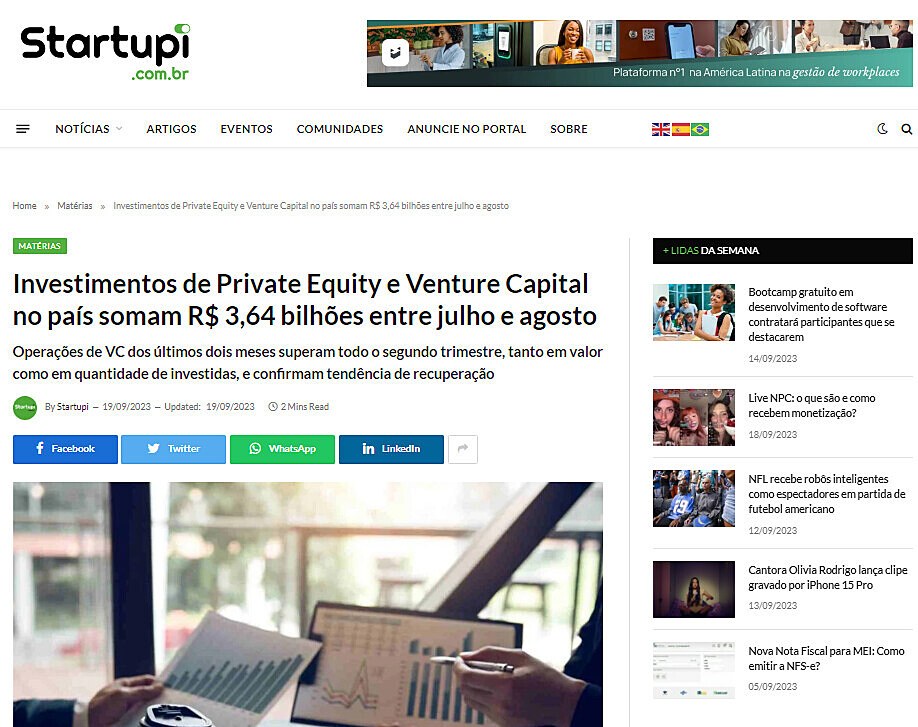 Investimentos de Private Equity e Venture Capital no pas somam R$ 3,64 bilhes entre julho e agosto